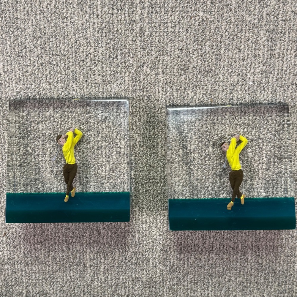 Vintage‎ MCM Lucite Golf Bookends Pair Made in Canada Resin 3D Golfer Decor